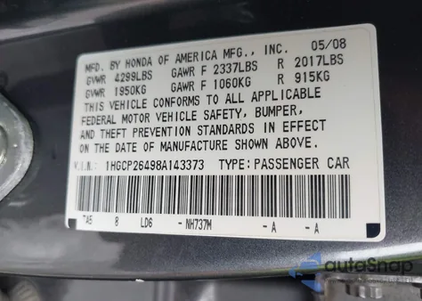 2008 Honda Accord 2.4 Lx-P z USA, uszkodzony, nr VIN 1HGCP26498A143373